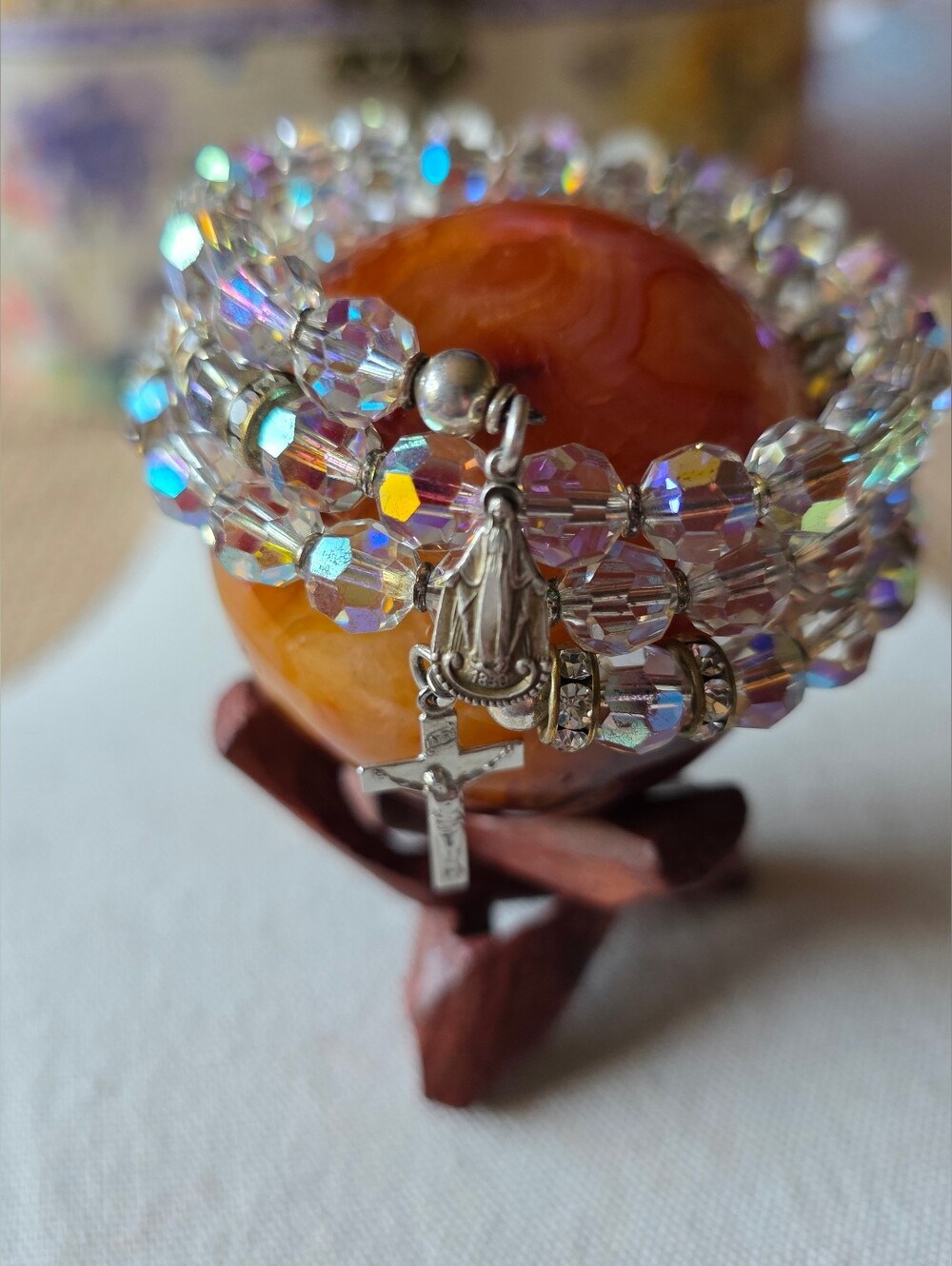 Vintage Sterling Crucifix Mary Medal Aurora Borealis Crystal Coil Bracelet Italy